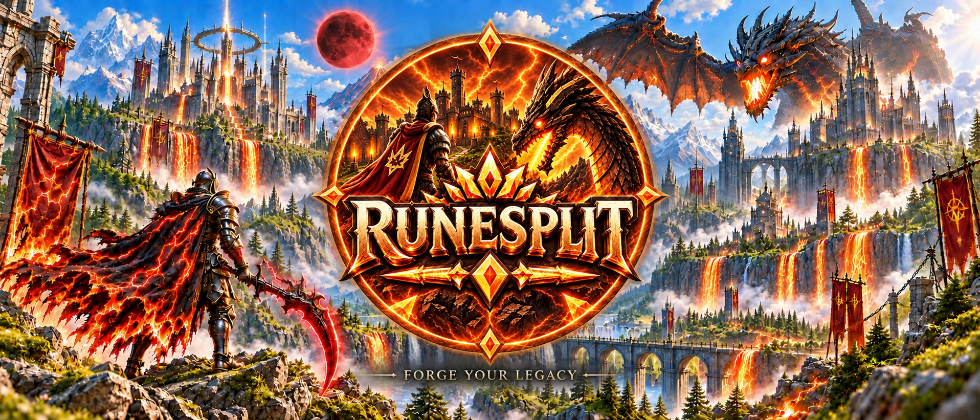 RuneSplit's fantasy realm, with its crest between a champion and a dragon